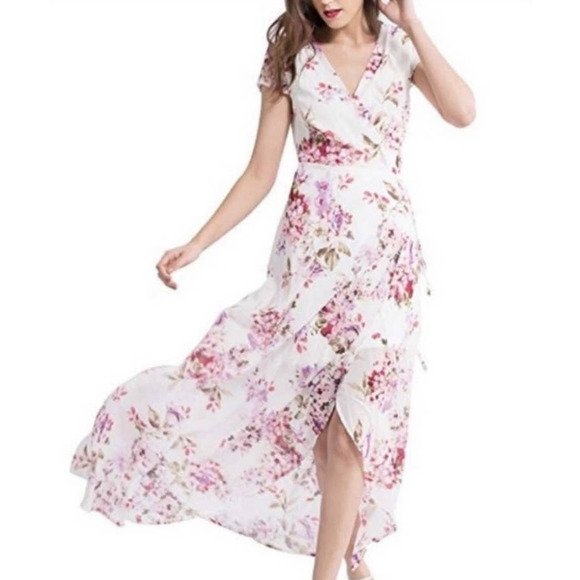 Wink Gal White Pink Floral Wrap Dress Romantic Wedding Summer Small‎ - Picture 2 of 12